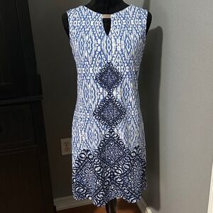 Maria Gabrielle Dress Small Blue White Ikat Sheath Sleeveless Stretch Resort